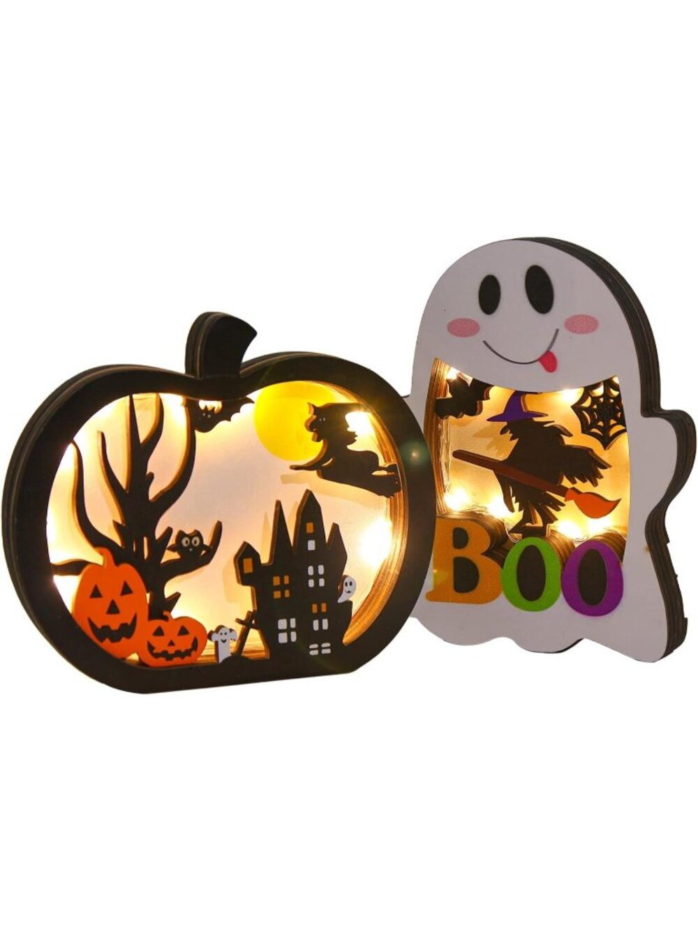2pcs Light Up Pumpkin Ghost Halloween Wooden Lighted Pumpkin for Tabletop